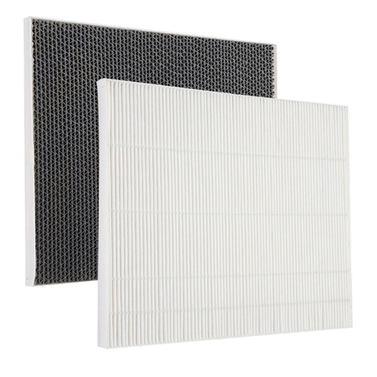 Wit HEPA-filter en zwart koolstoffilter