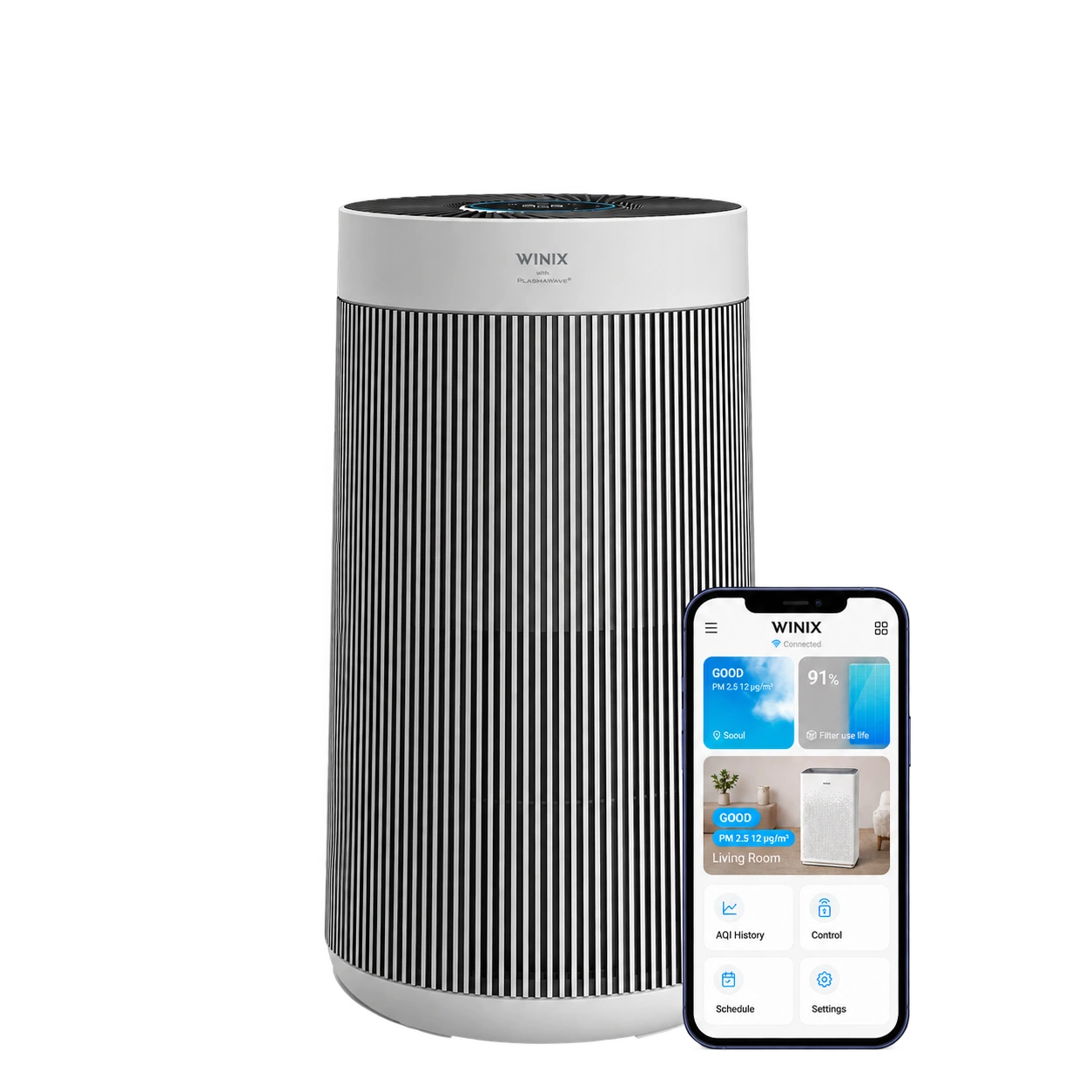 WINIX T800 WiFi luchtreiniger met smartphone en WINIX app